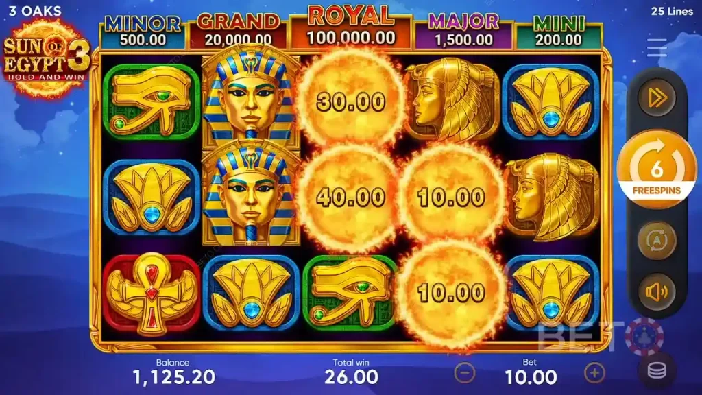 В слоте Sun of Egypt 3 jackpot включена функция Hold & Win
